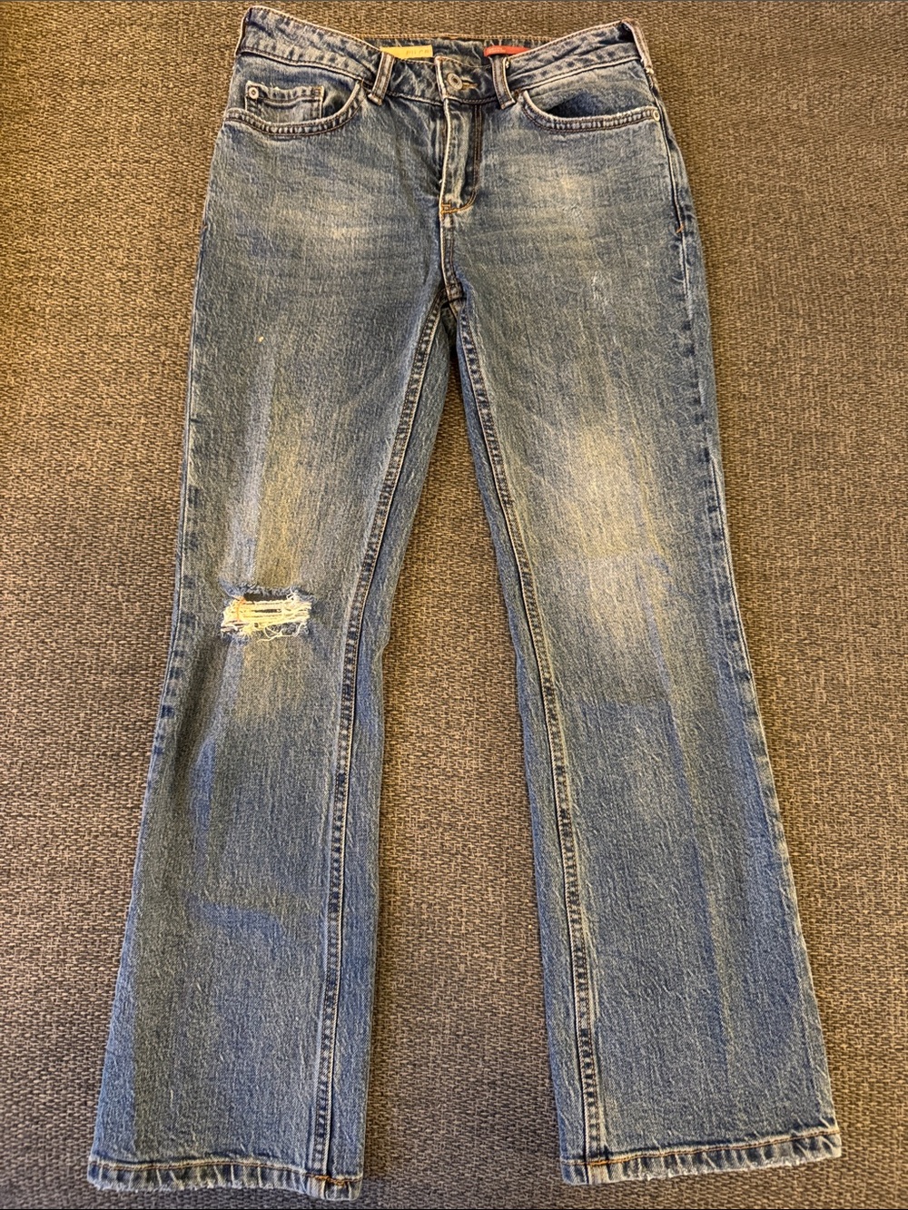 Pilcro Light Blue Flare Jeans with Distressed Knee